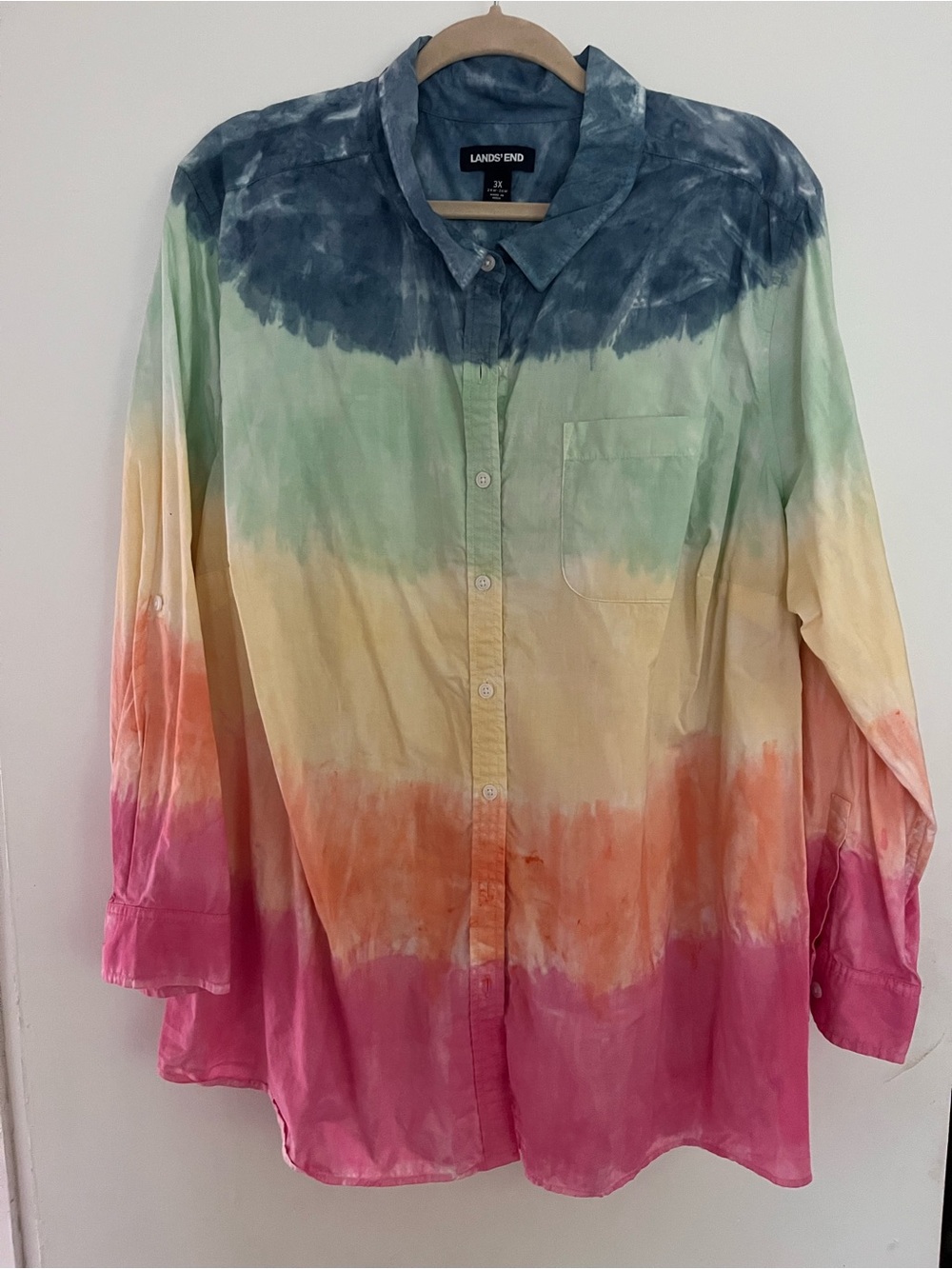 Lands' End Blue and Pale Green Tie-Dye Button-Down Shirt